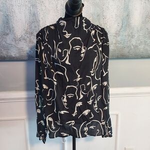 Zara Black and White Abstract Face Print High Neck Blouse Sz-M